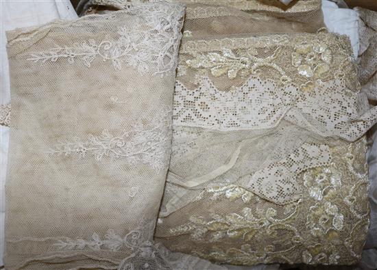 A Victorian silk babys christening gown, silk shawl, lace stole etc